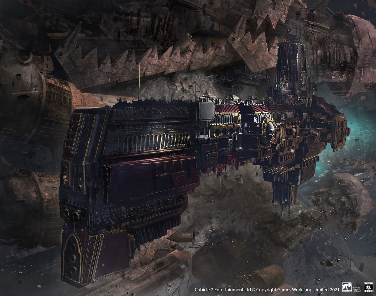 Una nave imperiale si accosta a un hulk spaziale degli Orki.