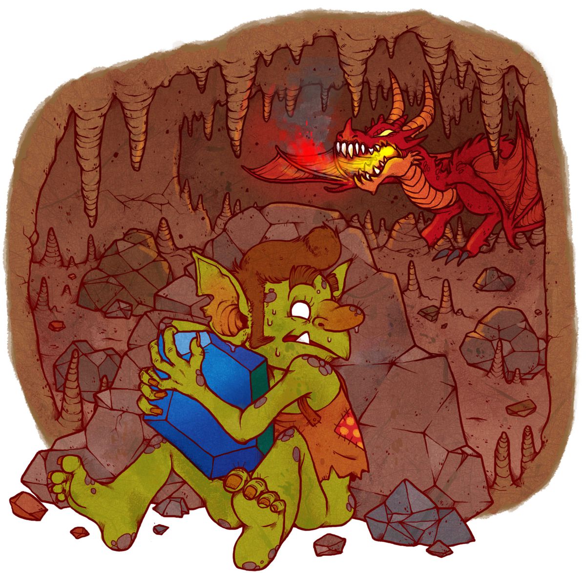 Un goblin stringe una gemma all'interno di una montagna.  Sullo sfondo incombe un drago rosso.