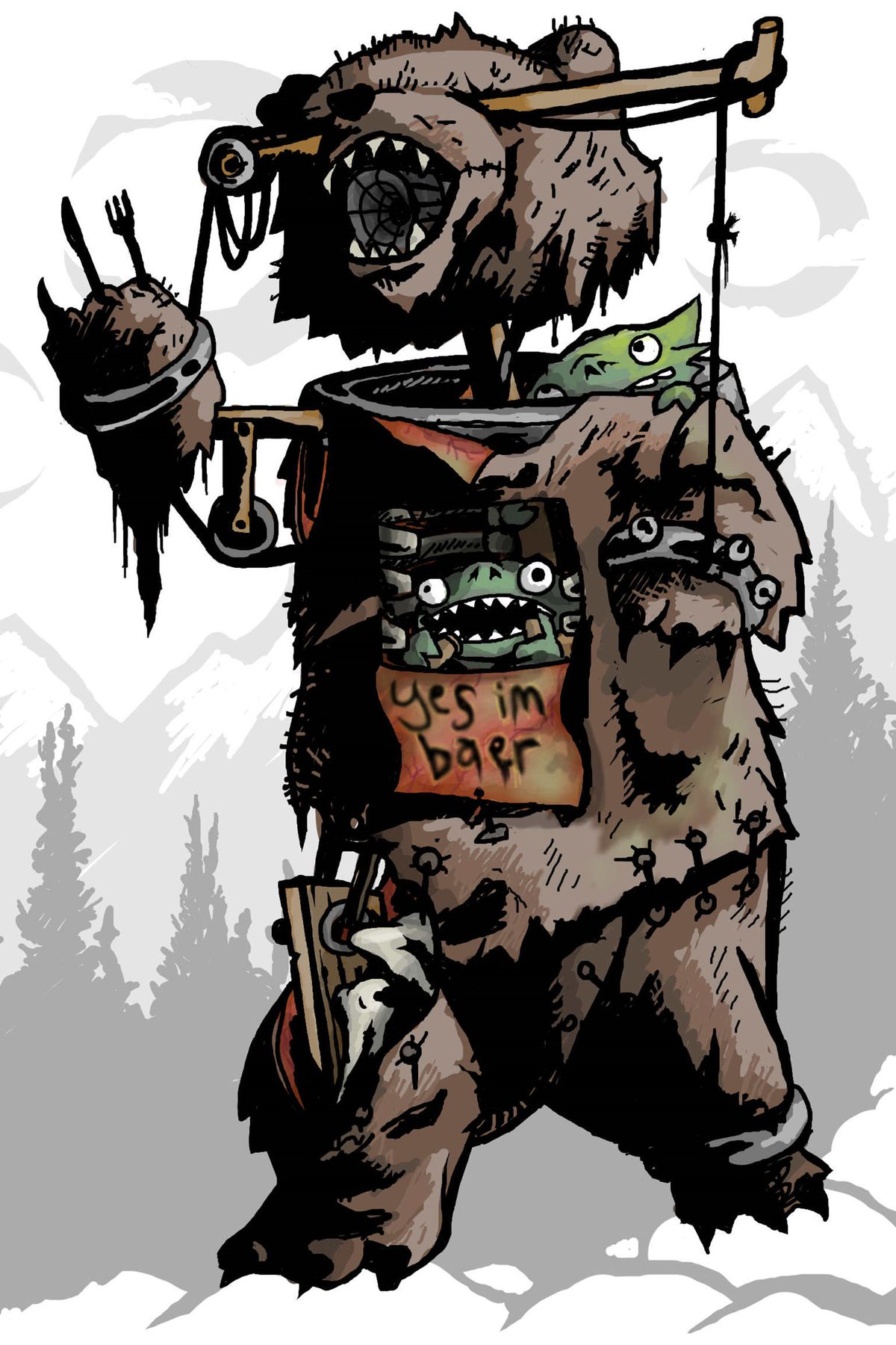 Tre goblin in costume da orso.  Il cartello dice 