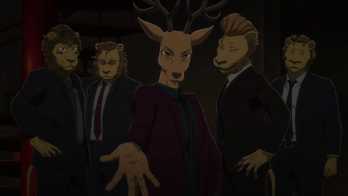 Louis il cervo in un abito color malva affiancato da Shishigumi ha creato uomini con la mano tesa nella stagione 2 di Beastars