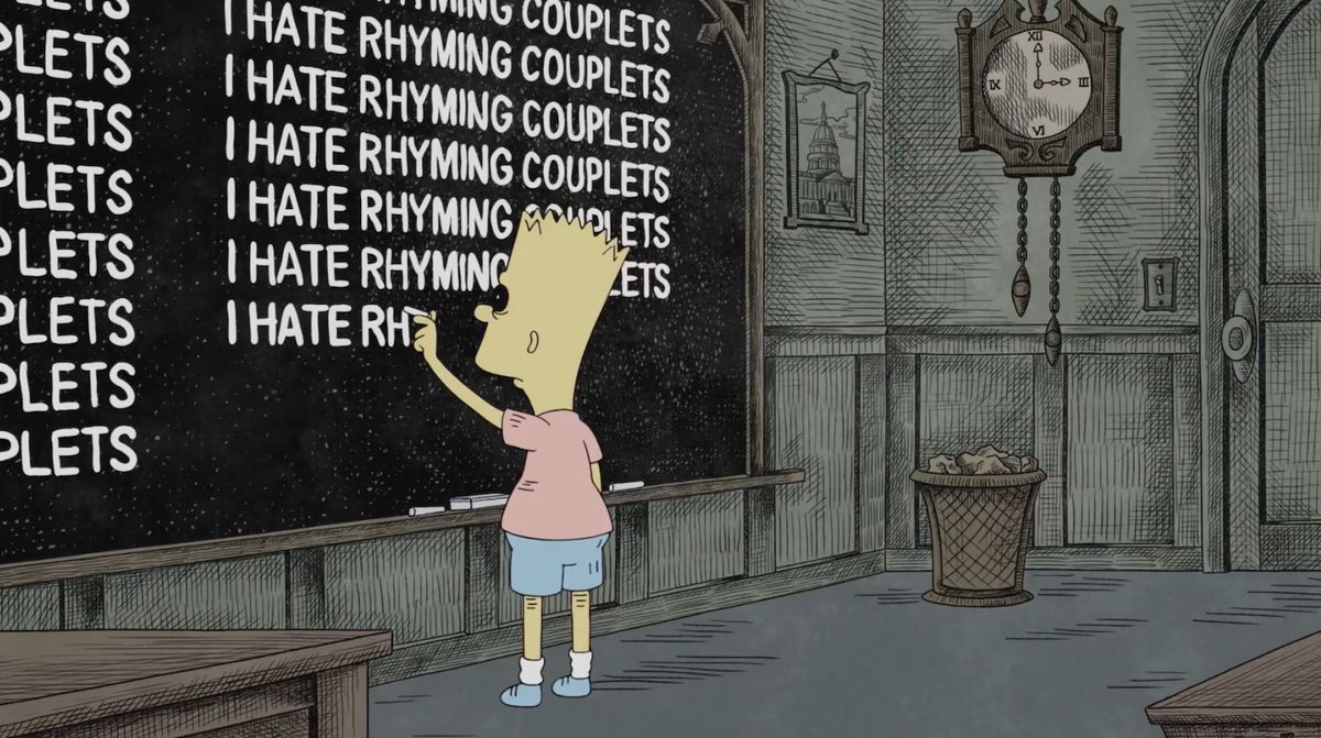 Bart alla lavagna come un disegno di Gorey nella stagione 33 dei Simpson