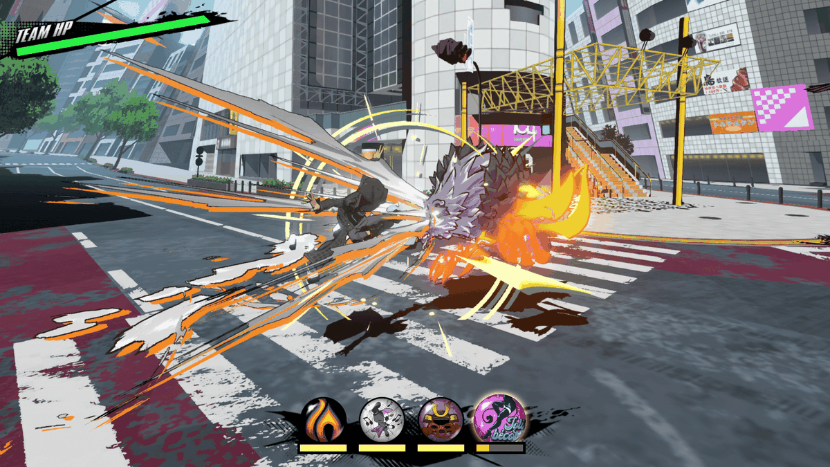 Characters engage in an explosive battle on the streets in Neo: The World Ends With You