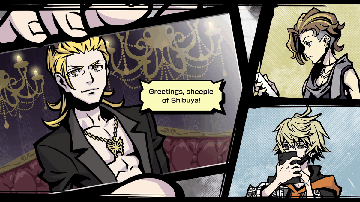 Two characters in Neo: The World Ends With You watch a broadcast on their phones of another character saying, “Greetings, sheeple of Shibuya!” 