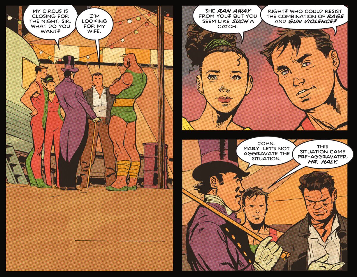 Il signor Haley media un disaccordo tra John e Mary, i genitori di Nightwing, e un coniuge violento: la scena è resa con linee più semplici e meno colori, per imitare un'era precedente di colorazione al computer in Nightwing #82 (2021). 