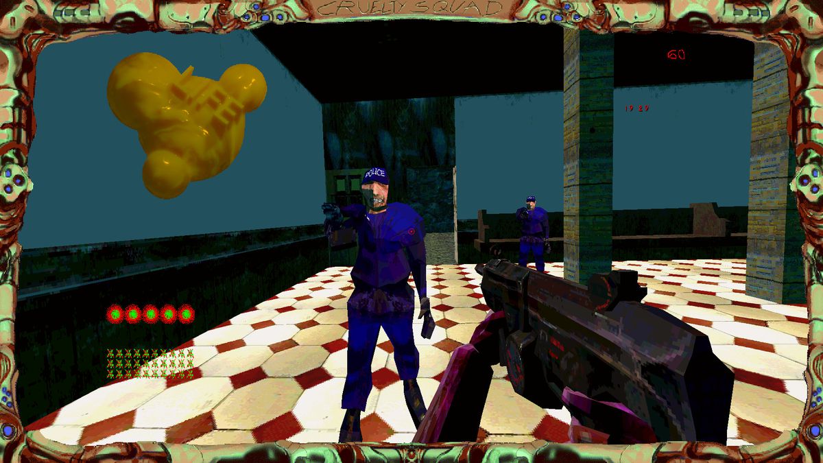 Cruelty Squad - il giocatore affronta due guardie, una delle quali sogghigna mentre alza l'arma.