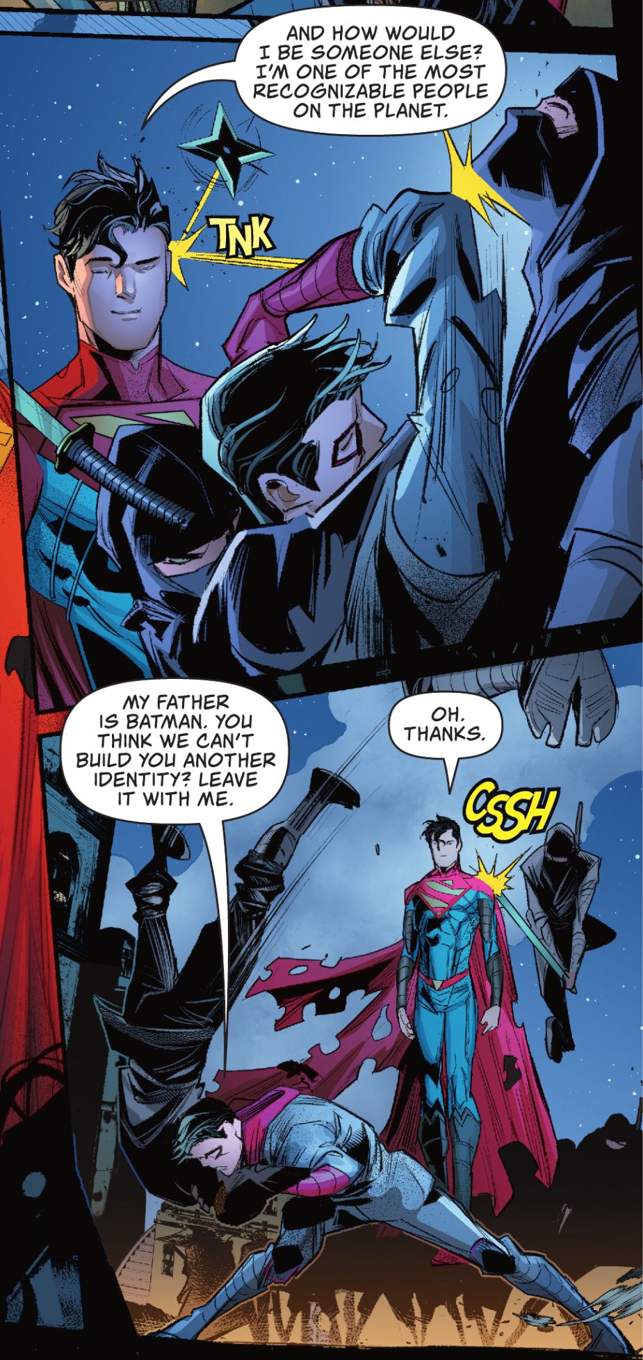 Jon Kent/Superman parla con Damian Wayne/Robin mentre le armi ninja rimbalzano innocue su di lui in Superman: Son of Kal-El #1 (2021).