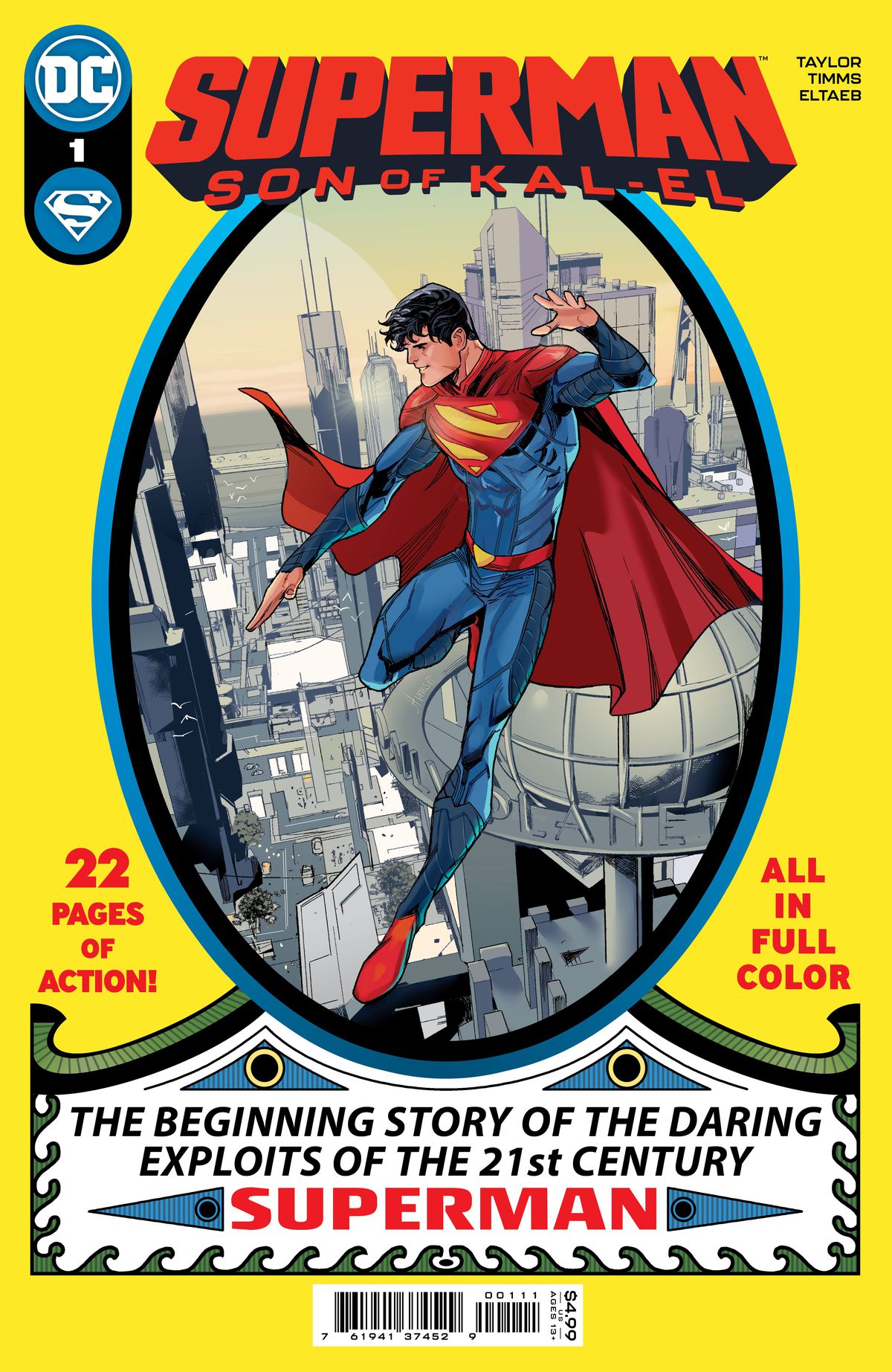 Jon Kent si libra sopra Metropolis in un omaggio alla copertina di Superman #1, nella copertina di Superman: Son of Kal-El #1, DC Comics (2021).