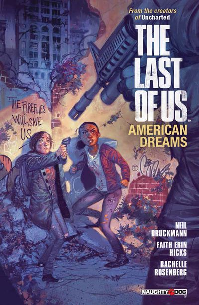Un uomo armato minaccia Ellie e la sua ragazza Riley sulla copertina di The Last of Us: American Dreams (2013). 