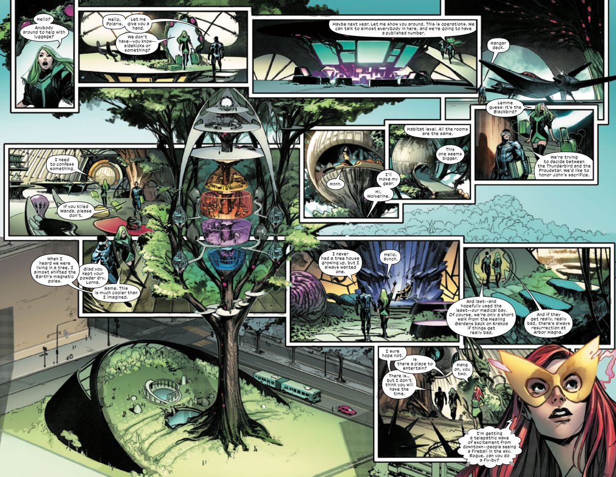 Una complicata doppia pagina accompagna il lettore attraverso l'arrivo di Polaris alla casa sull'albero di Manhattan degli X-Men ai Seneca Gardens in X-Men #1 (2021). 
