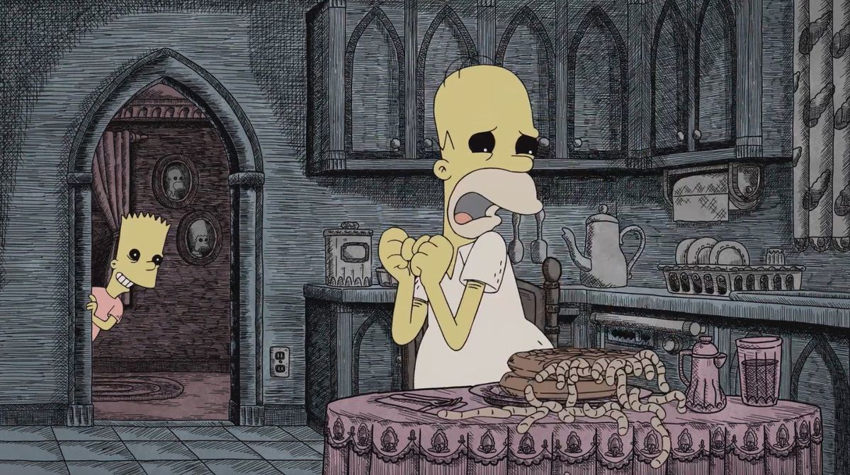 Bart e Homer nei panni dei disegni di Gorey ne I Simpson