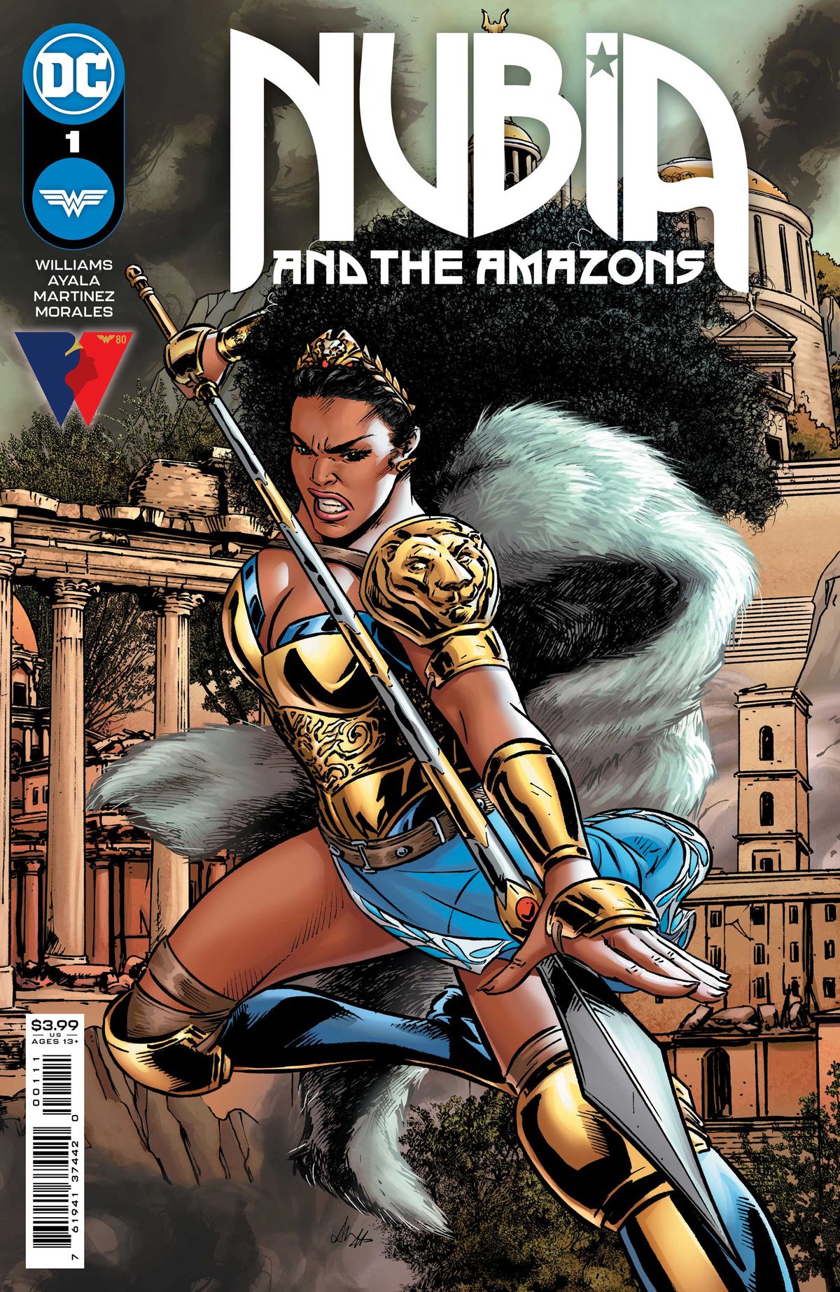 Nubia, regina delle Amazzoni, brandisce una lancia sulla copertina di Nubia and the Amazons #1 (2021). 