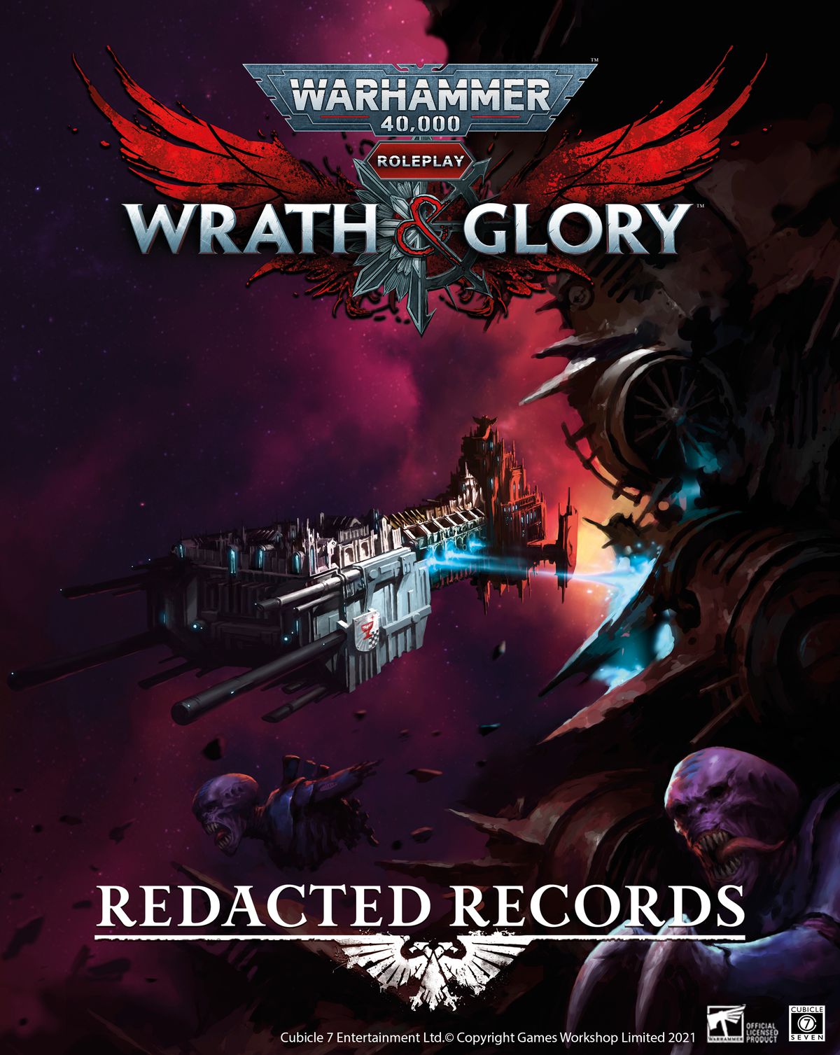 La copertina di Redacted Records Volume 1 mostra una nave dell'Inquisizione che martella con il fuoco un hulk spaziale.
