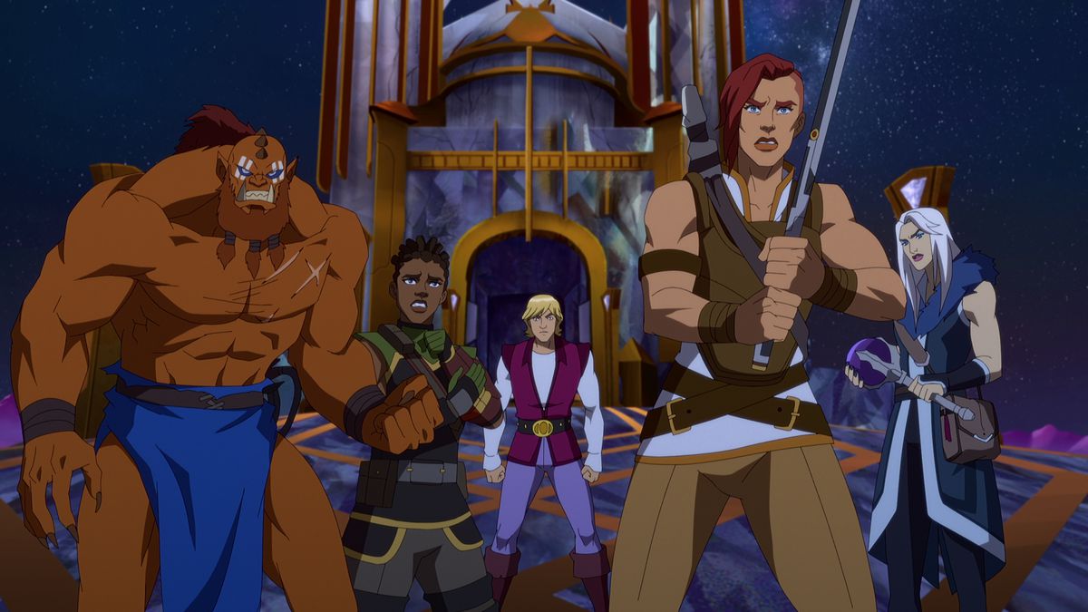 Beast-Man, Andra, Prince Adam, Teela e Evil-Lyn stanno insieme in una posa da eroe di gruppo in Masters of the Universe: Revelation