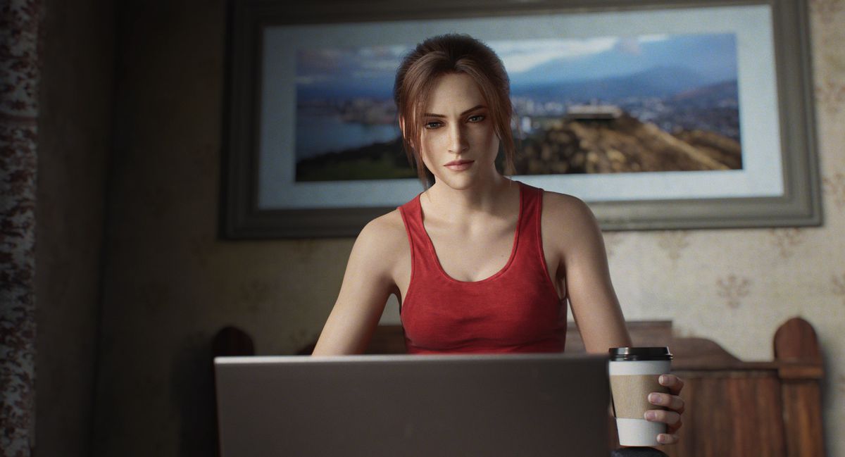Claire Redfield siede dietro un laptop con un po' di java nella miniserie animata Netflix Resident Evil: Infinite Darkness 