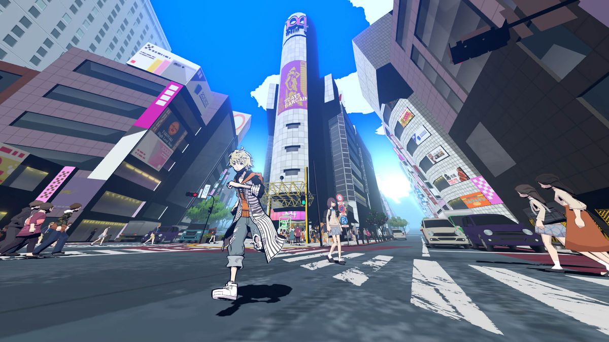 Characters run through the streets of the Shibuya district in Tokyo, Japan in Neo: The World Ends With You