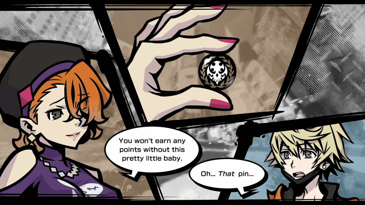 A character gives a pin to another character in Neo: The World Ends With You