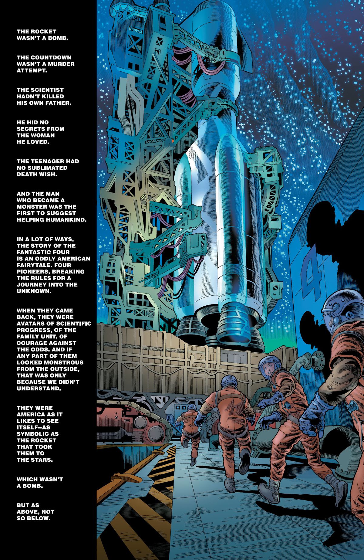 Mentre i Fantastici Quattro si arrampicano verso il razzo gigante che li porterebbe alla loro storia di origine, il testo traccia un parallelo tra la loro origine eroica e quella tragica di Hulk in Immortal Hulk #49 (2021). 
