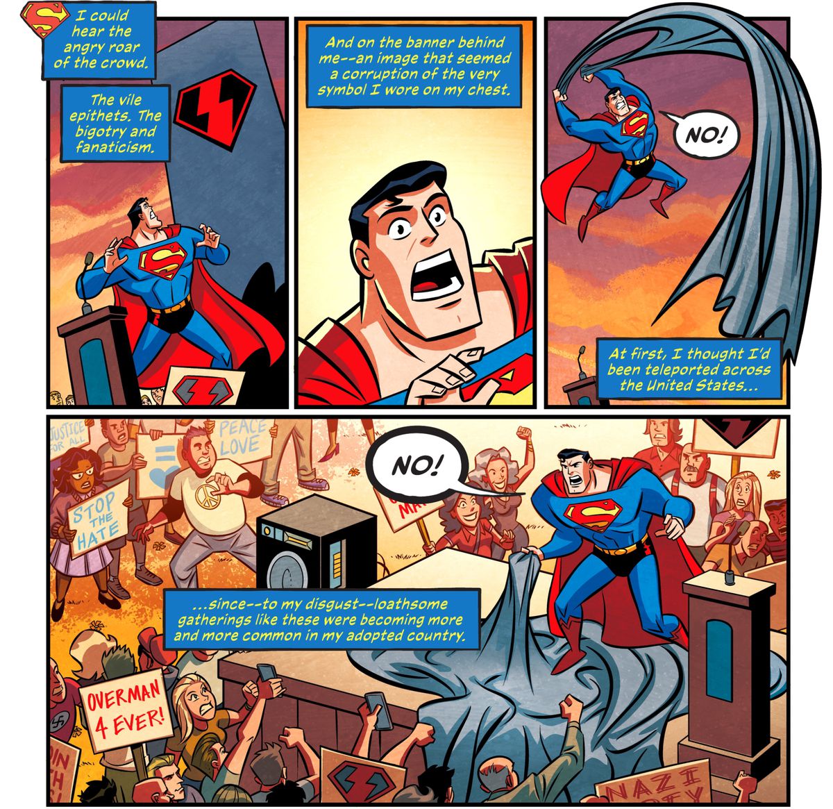 Superman è scioccato nel trovarsi nel mezzo di una manifestazione/controprotesta tra pacifisti antifascisti e sostenitori di quella che sembra essere una versione fascista del suo simbolo: uno dei sostenitori ha un segno filo-nazista, in Justice League Infinity # 2 (2021). 