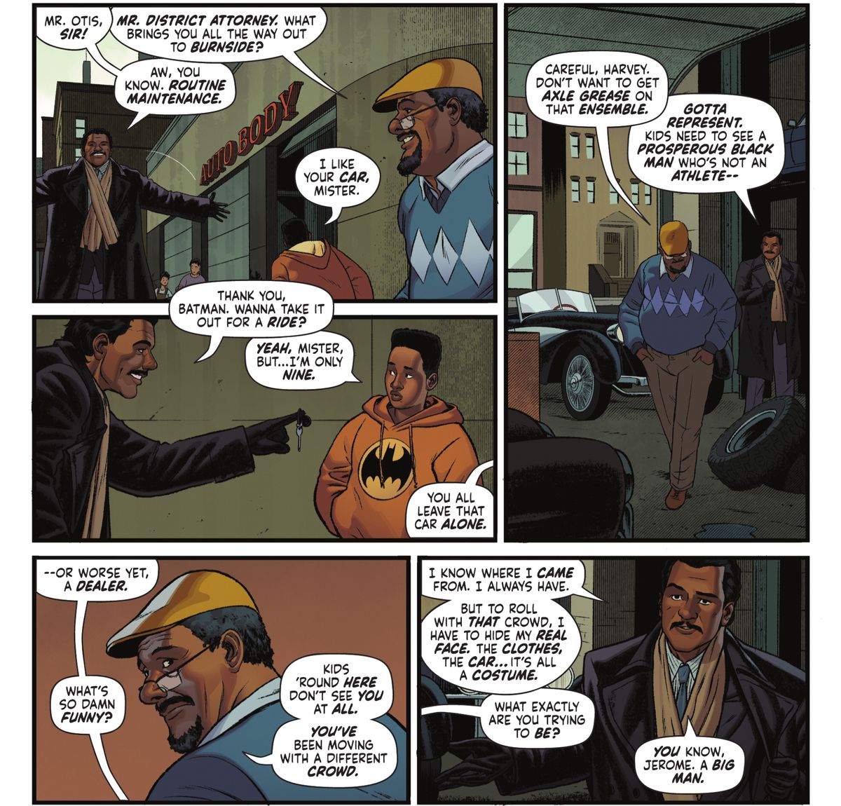 Harvey Dent visita il suo vecchio quartiere per chiedere aiuto in Batman '89 #1 (2021).