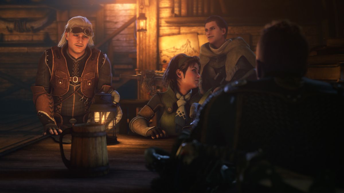 I cacciatori discutono dei mostri davanti a un drink in uno spazio interno ben illuminato in Monster Hunter: Legends of the Guild