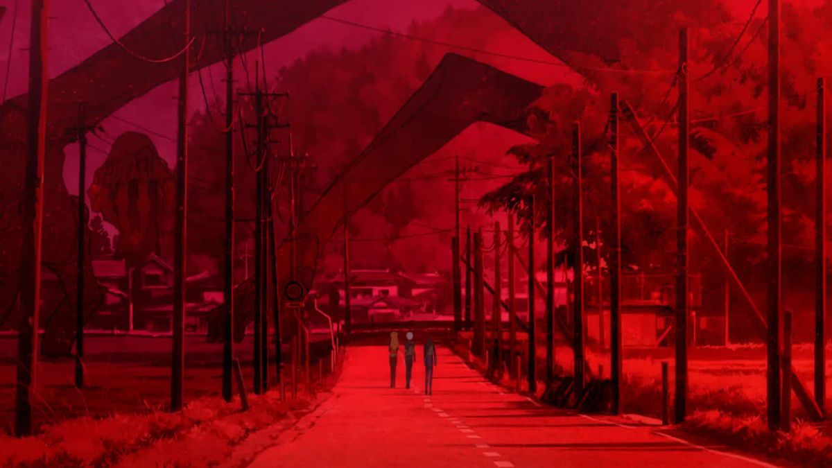 Asuka, Rei e Shinji camminano lungo un paesaggio apocalittico di colore rosso 