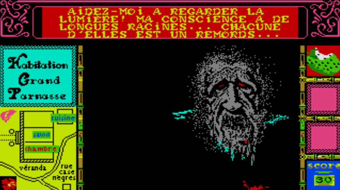 Screenshot di un colorato gioco di avventura, con un orribile fantasma grigio e sanguinante che fissa il giocatore.