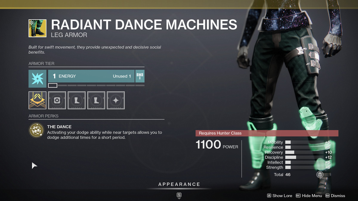 Radiant Dance Machines Hunter Gambe esotiche in Destiny 2