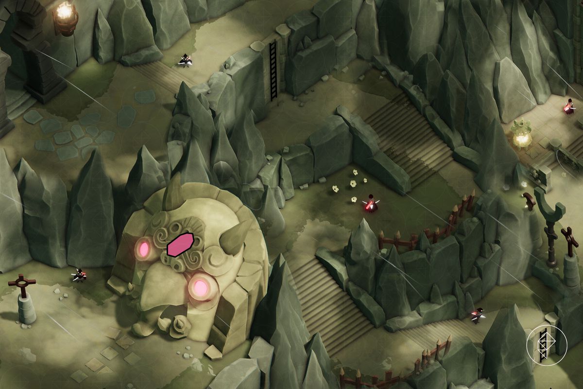 Una mappa del cimitero perduto in Death's Door di un tortuoso sentiero di montagna che conduce a una grotta.  Un santuario rosso si trova in cima a una scogliera.