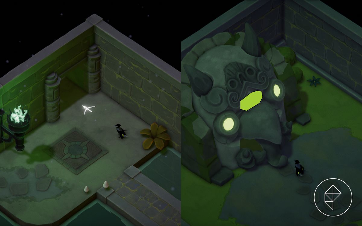 Un'immagine divisa che mostra un'apertura in una parete del dungeon a sinistra e un santuario della vitalità a destra.