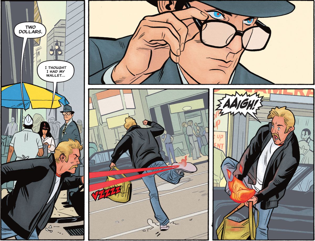 Clark Kent tira giù gli occhiali esattamente come fa Christopher Reeves nei film e usa la sua visione laser per dare fuoco alla scarpa di uno scippatore in fuga in Superman '78 #1 (2021).