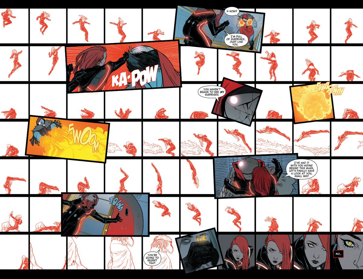 Su una griglia di oltre 60 pannelli bianchi e rossi, Black Widow combatte Apogee in Black Widow #10 (2021). 