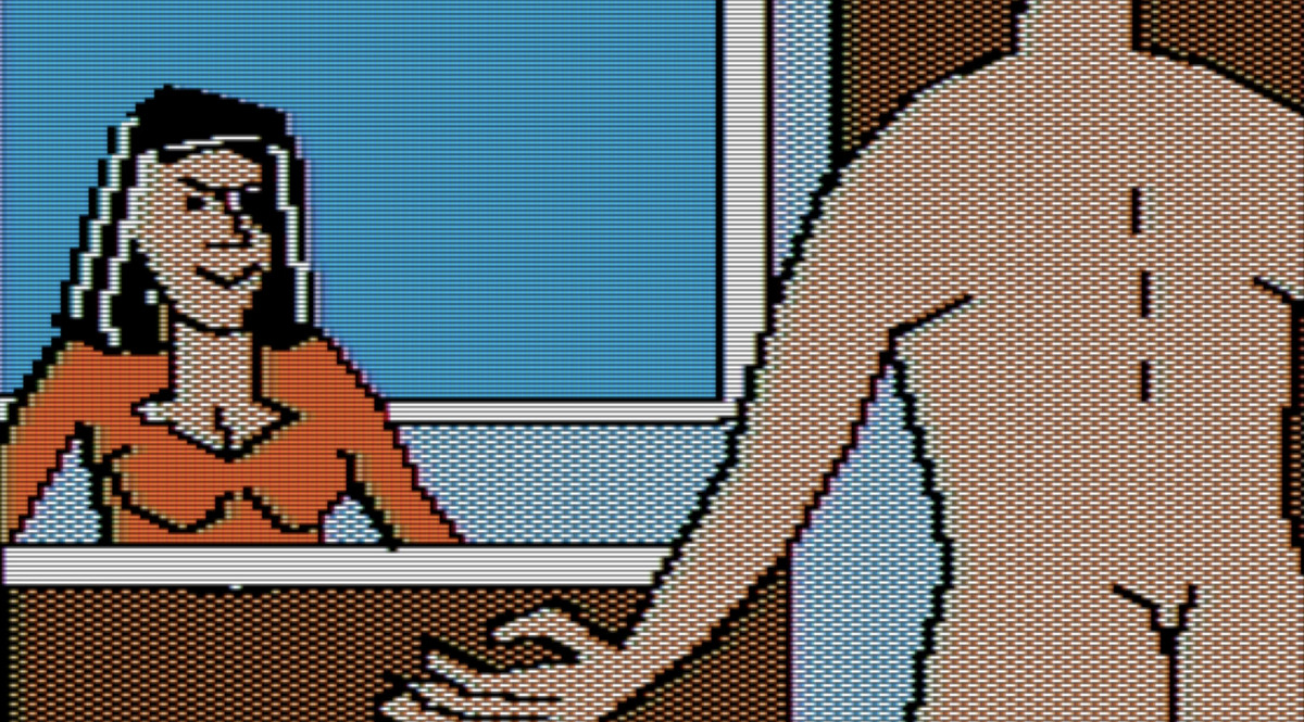 Uno screenshot dall'aspetto grezzo di una donna cartone animato che fissa un uomo.  L'uomo è di spalle ed è nudo;  vediamo il suo sedere.