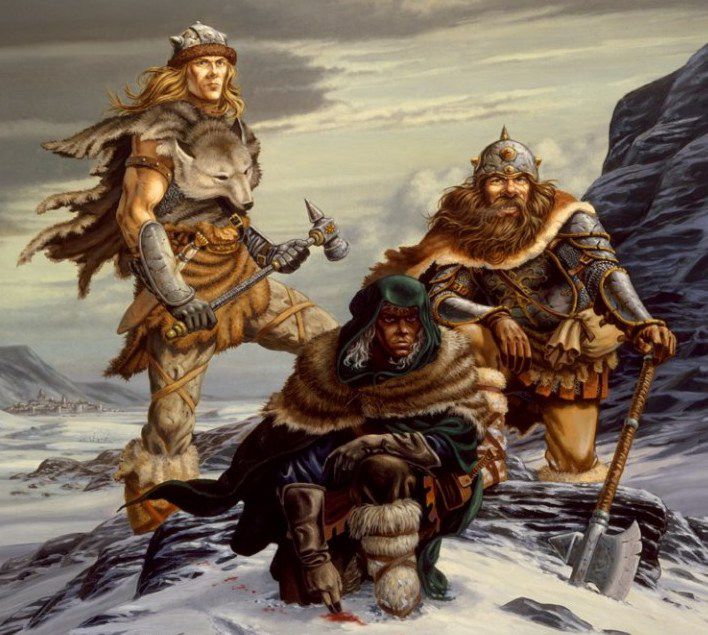 Drizzt è in piedi nella neve, chinandosi per controllare una scia di sangue.  Dietro di lui il combattente Wulfgar e un nano.
