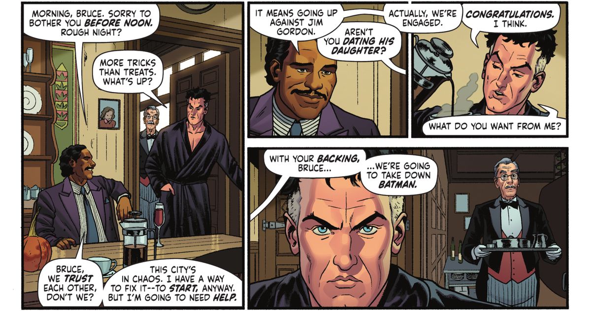 Harvey Dent fa visita a Bruce Wayne per chiedere il suo aiuto per sconfiggere Batman in Batman '89 #1 (2021).