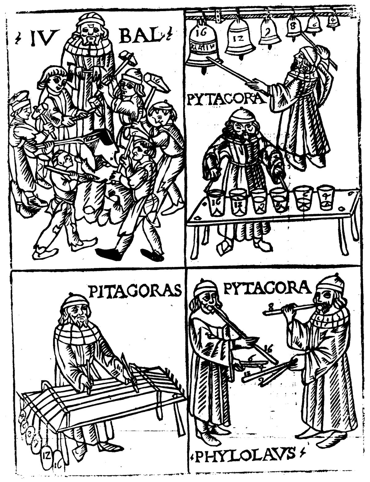 Xilografia che mostra Pitagora con campane, un'armonica di vetro, un monocordo e canne d'organo, da Theorica musicae di Franchino Gaffurio, 1492