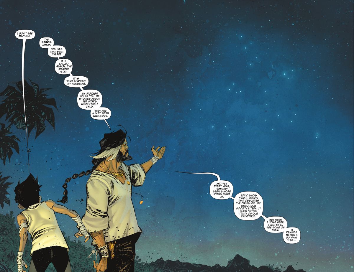 Ra's al Ghul indica la Via Lattea sopra la sua remota isola natale mentre spiega a Damian Wayne/Robin che l'inquinamento dei cieli da parte dell'umanità è uno dei motivi per cui cerca di abbattere la popolazione in Robin #4 (2021). 