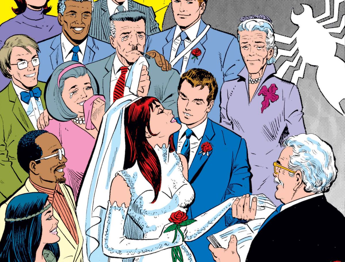 Peter Parker e Mary Jane sono sposati, con J. Jonah Jameson, zia May e altri personaggi di Spider-Man presenti in Amazing Spider-Man Annual #21 (1987). 