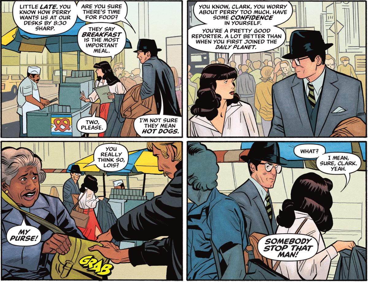 Clark Kent segue Lois mentre parlano di lavoro e lei ordina due hot dog per colazione.  Osserva anche uno scippatore, in Superman '78 #1 (2021). 