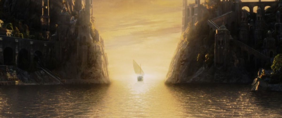 A boat sails west out of Middle-earth in The Return of the King. 