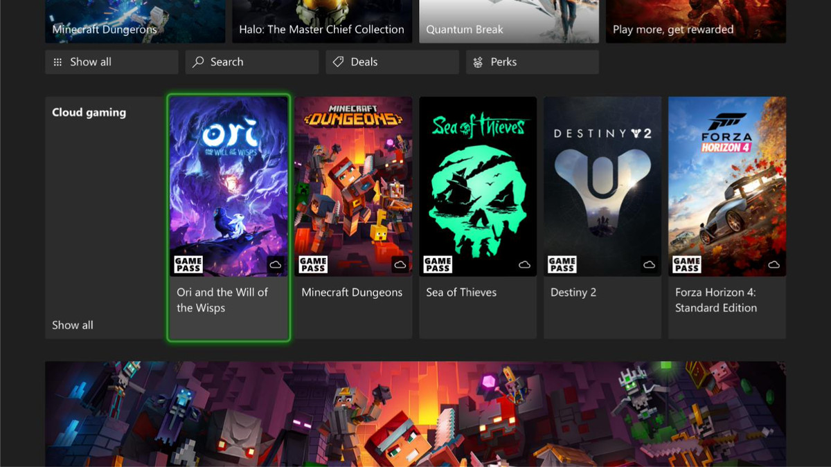 schermata che mostra cinque titoli disponibili per il cloud gaming su console Xbox