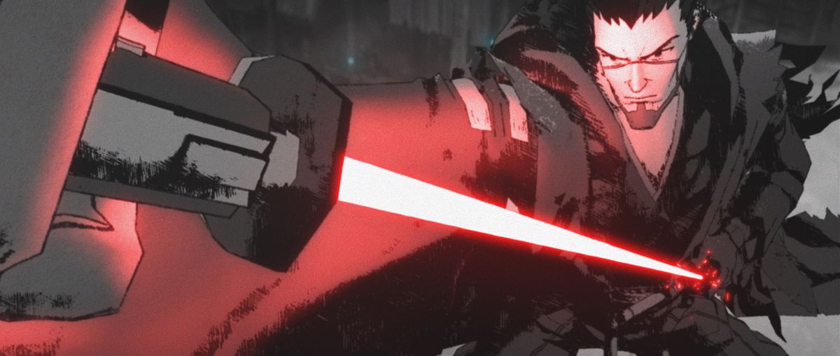 A jedi in black and while pulls out his red lightsaber in the rain in Star Wars: Visions