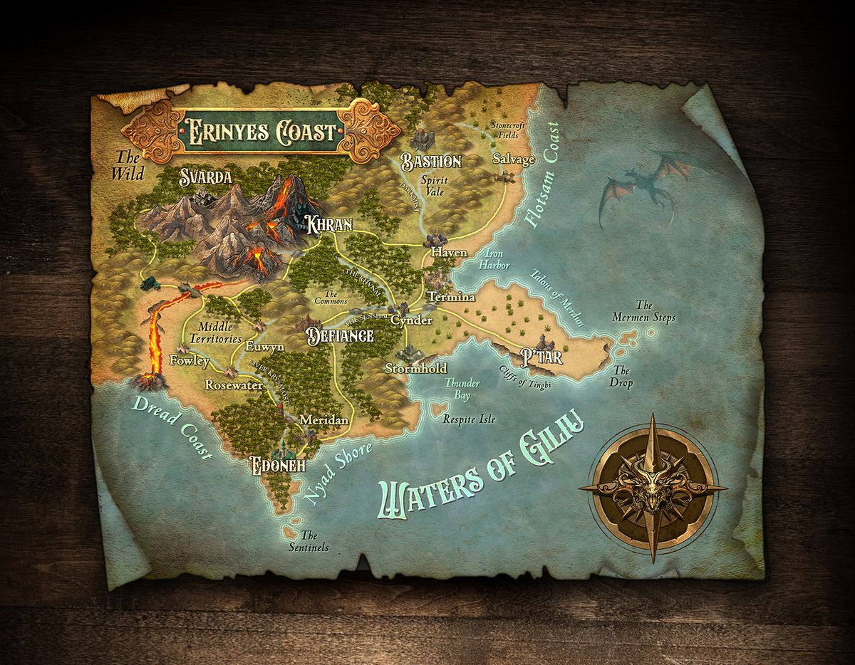 La mappa è il titolo Erinyes Coast, e il mare è chiamato Waters of Giliu.  C'è un debole drago blu che vola nell'aria.