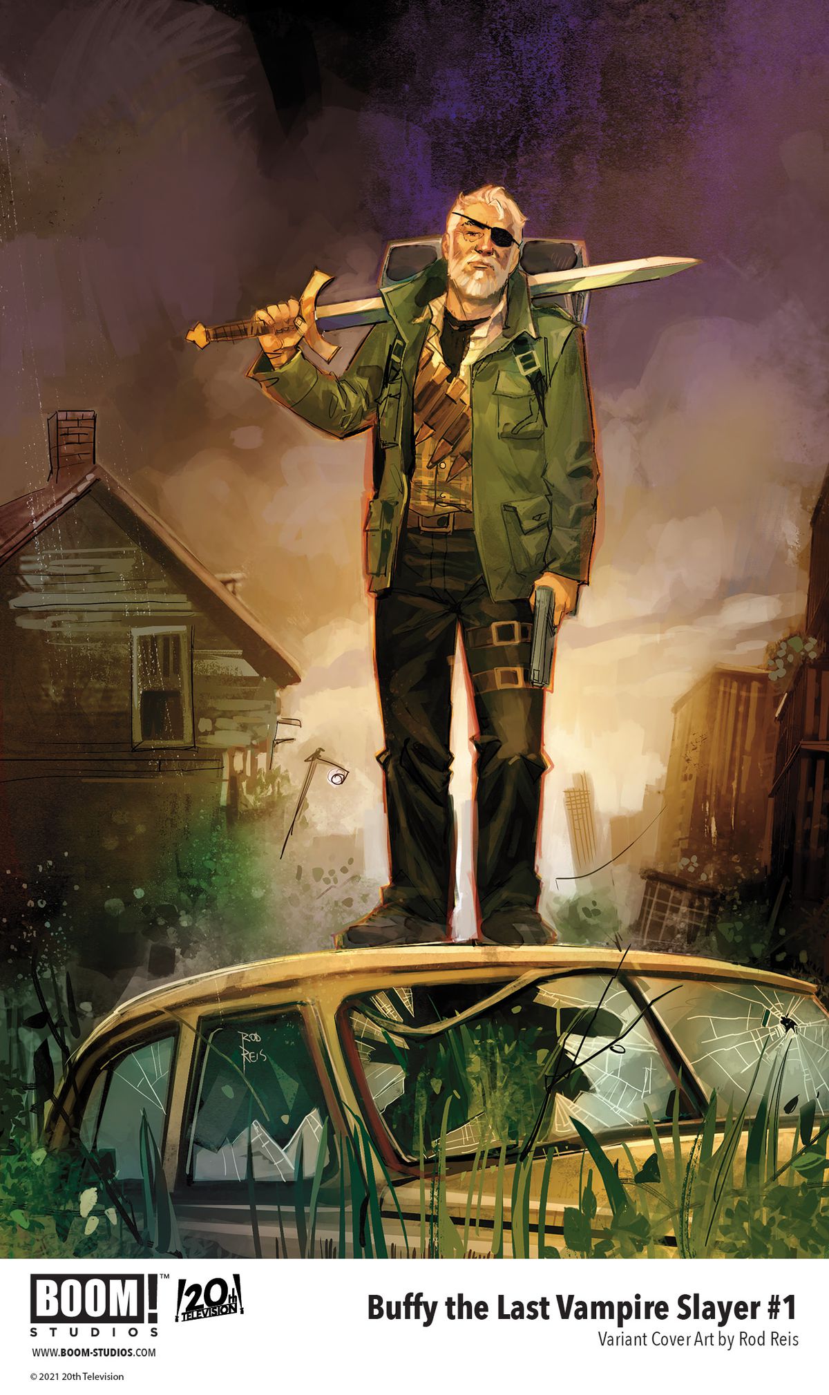 Buffy The Last Vampire Slayer - Variant di copertina per il primo numero, che mostra un vecchio in una scena post-apocalittica con una spada a tracolla.