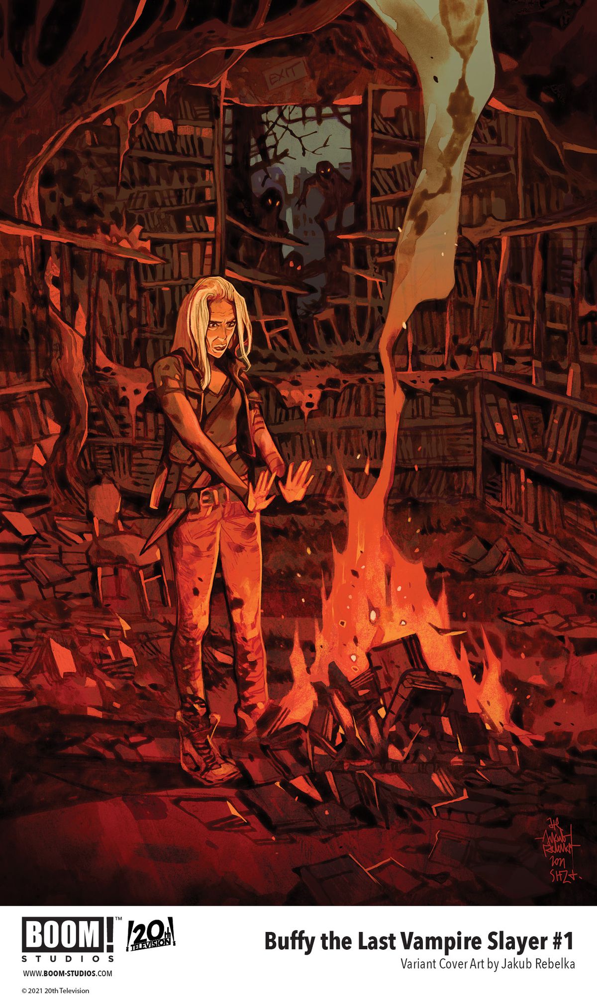 Buffy The Last Vampire Slayer - una variante di copertina per il primo fumetto, che mostra una Buffy Summers più anziana che si scalda a un fuoco fatto da una biblioteca.  I vampiri si nascondono minacciosi nelle vicinanze.