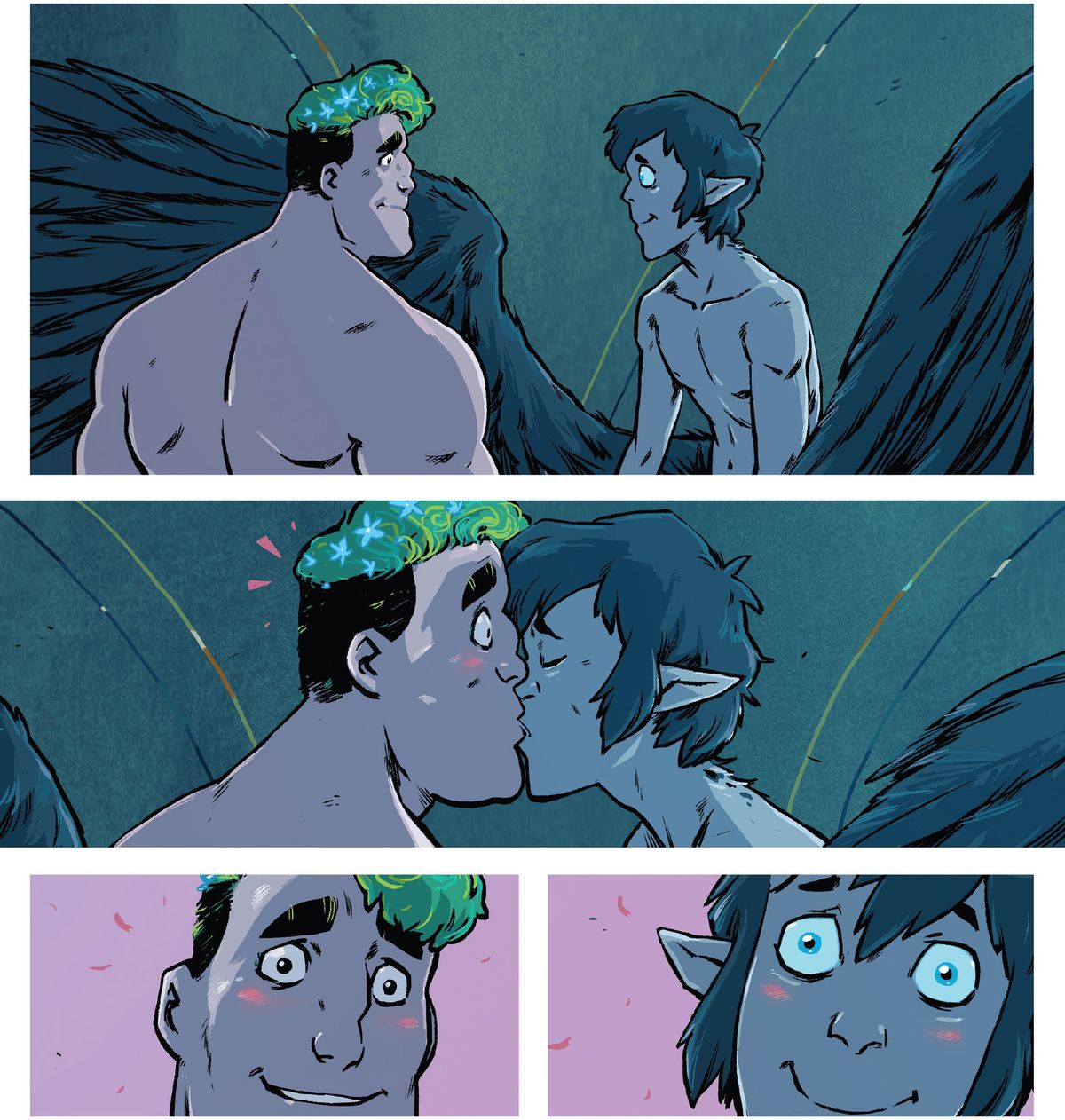 Due giovani personaggi maschili - uno con piante al posto dei capelli e l'altro con grandi ali scure e piumate - condividono uno sguardo desideroso, un tenero bacio, e poi arrossiscono tutt'intorno in Wynd #10 (2021). 