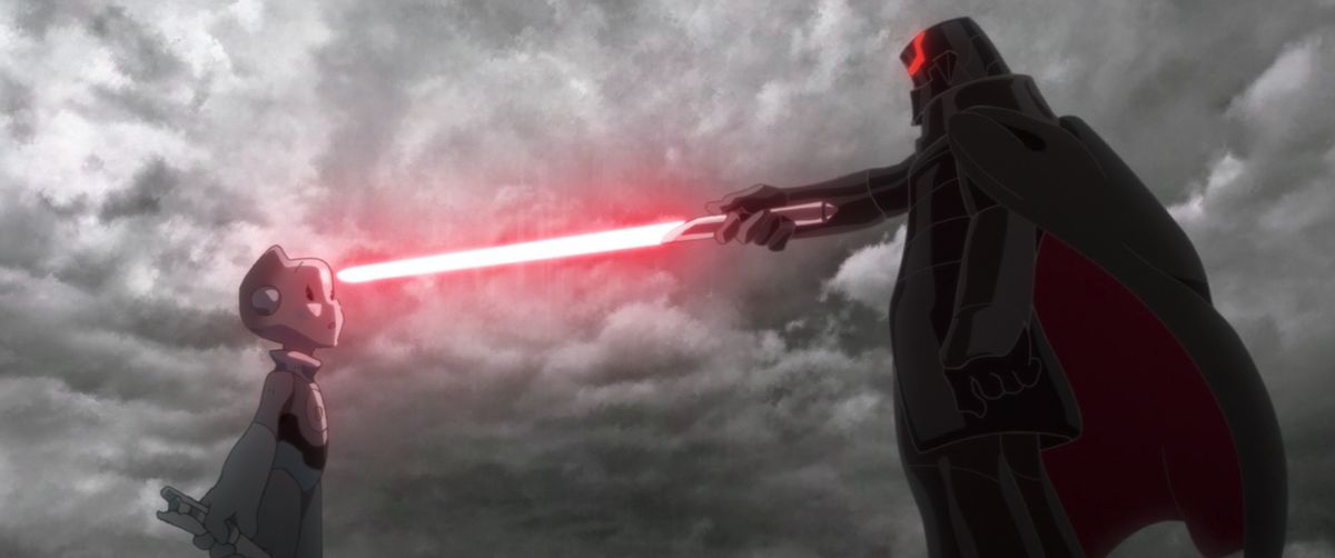 An inquisitor holds a lightsaber up to TO-B1 in Star Wars: Visions