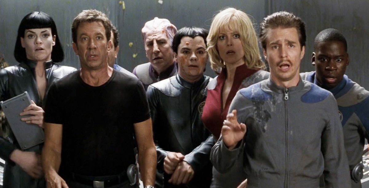 Missi Pyle, Tim Allen, Alan Rickman, Enrico Colantoni, Sigourney Weaver, Sam Rockwell e Daryl Mitchell in Galaxy Quest.