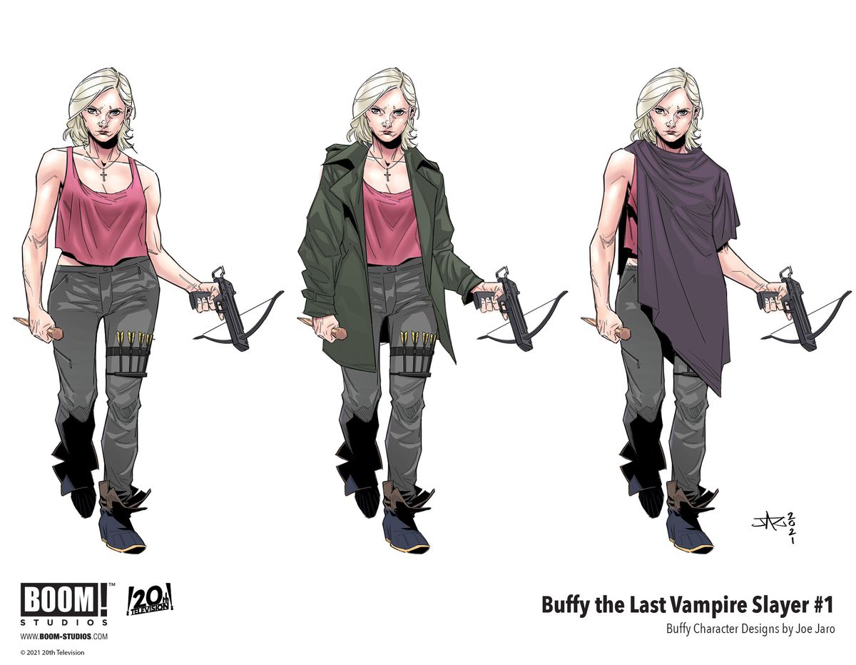 Buffy The Last Vampire Slayer - fogli di concept art che mostrano Buffy Summers, una donna di 50 anni con i capelli biondi, in tre interpretazioni dello stesso vestito del concept art.
