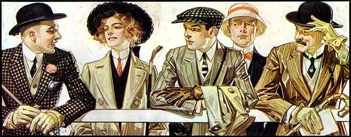 Quattro uomini e una donna stanno in piedi a una ringhiera in un elegante stile del 1900.  Tre degli uomini e la donna stanno guardando quello all'estrema sinistra.  Quello all'estrema sinistra sta guardando solo gli uomini.