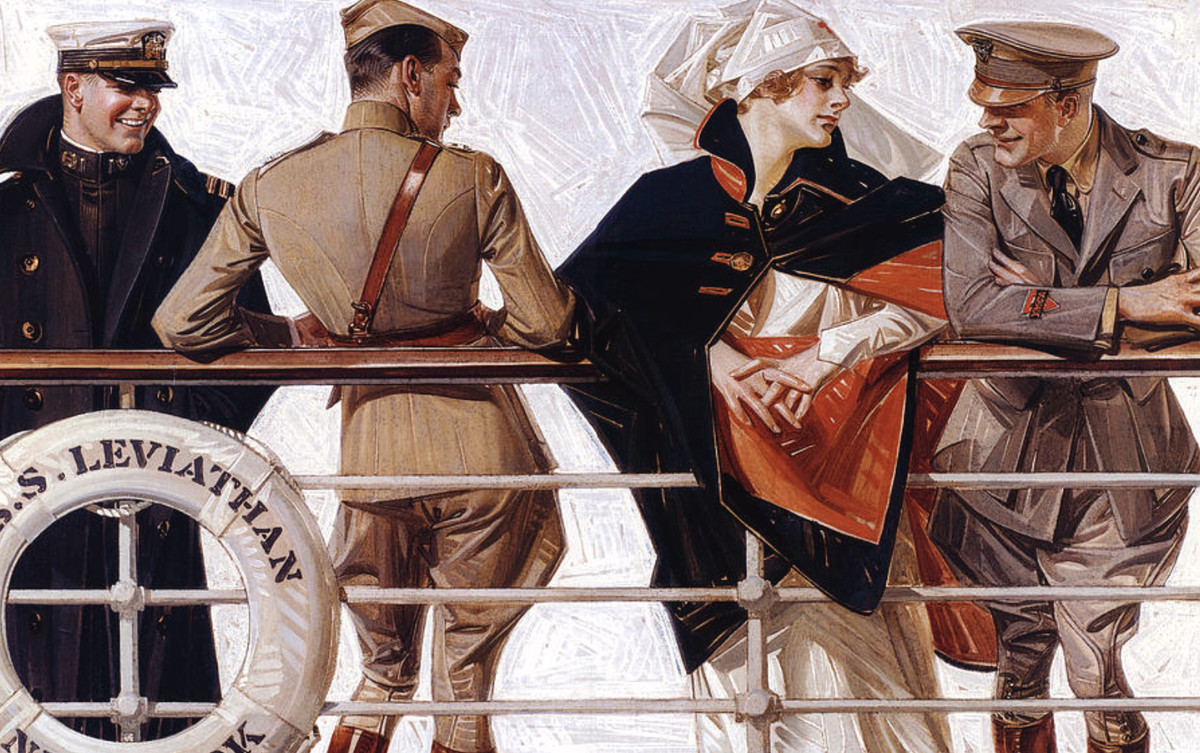 Tre uomini in uniforme militare si appoggiano alla ringhiera del ponte della SS Leviathan, scambiandosi occhiate.  Inoltre, c'è una signora con un mantello elegante ma nessuno la sta guardando. 